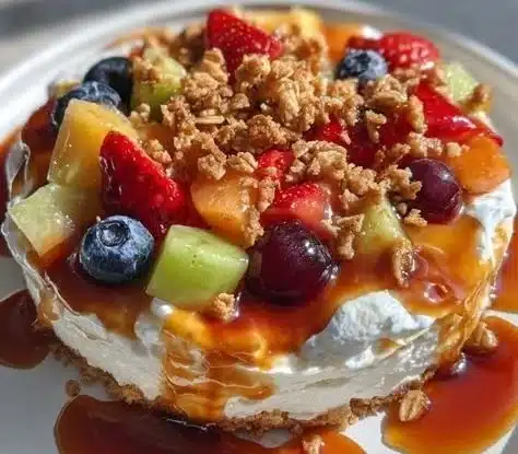 Caramel Crunch Cheesecake Fruit Salad with fresh fruits and caramel topping