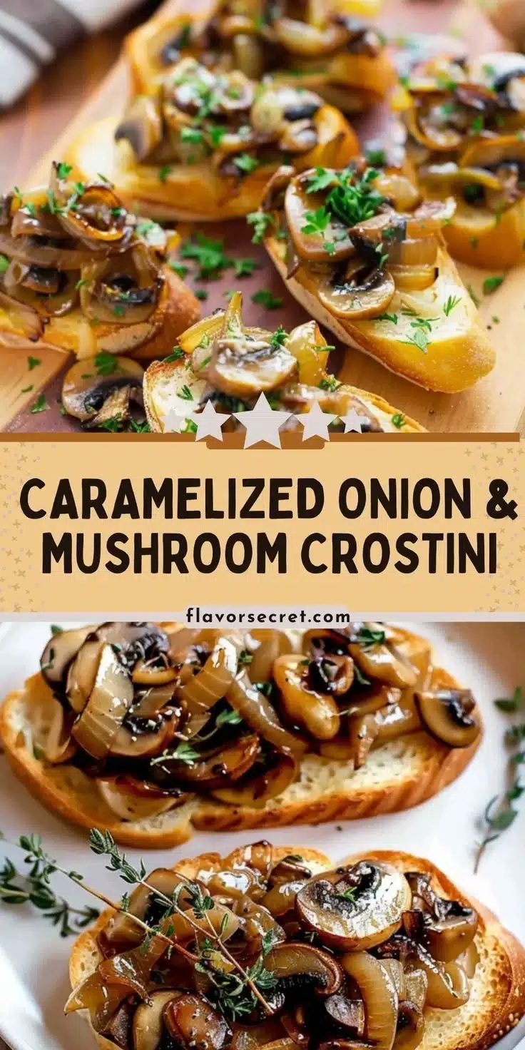 Delicious caramelized onion and mushroom crostini appetizer on a wooden board