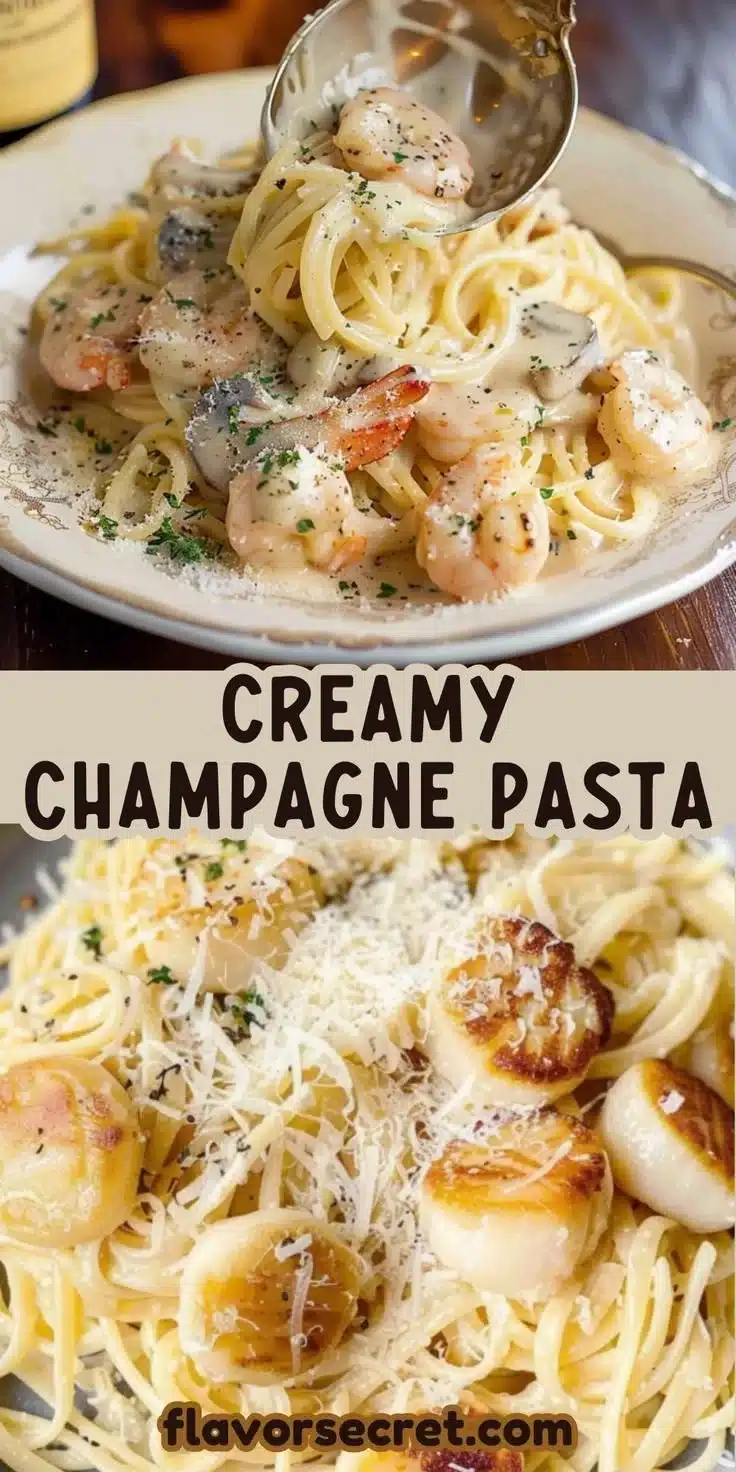 Plate of Champagne Cream Pasta garnished with Parmesan cheese