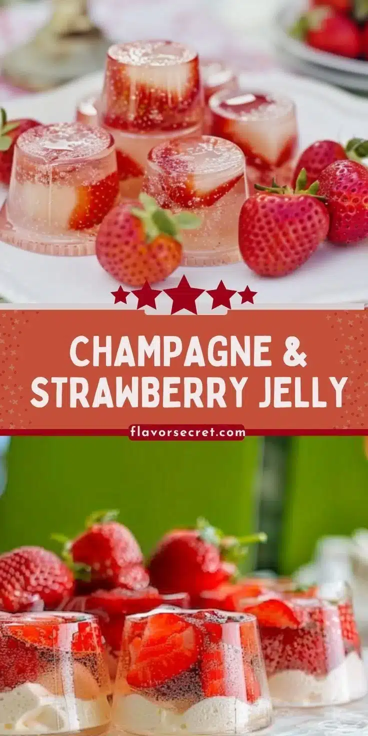 Delicious Champagne Jelly with fresh strawberries served in a glass