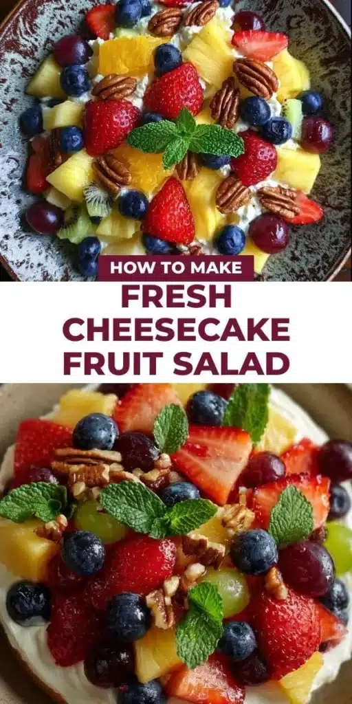 Delicious cheesecake fruit salad with colorful fresh fruits and creamy cheesecake topping.