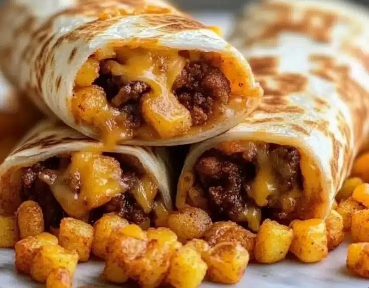 Delicious cheesy potato burritos served on a plate with toppings