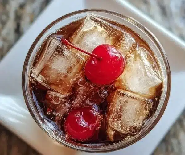 A refreshing Cherry White Russian cocktail served in a glass with cherries and cream.