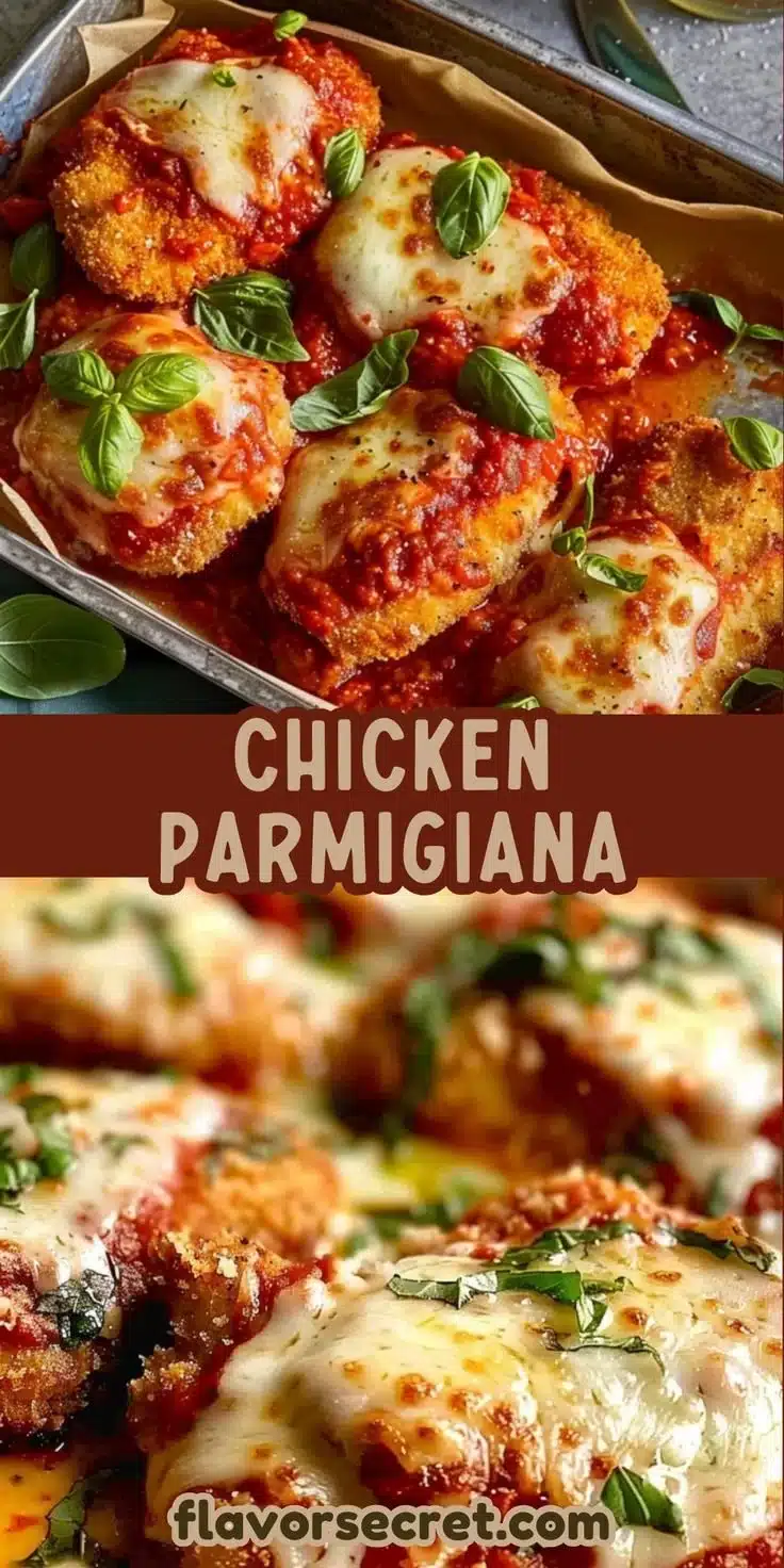Delicious Chicken Parmigiana dish with melted cheese and marinara sauce