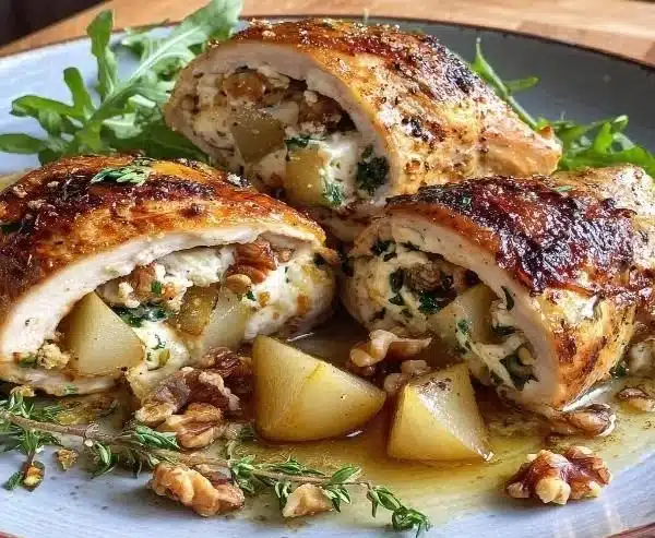 Chicken stuffed with pears and cheese, showcasing a delicious and savory dish.