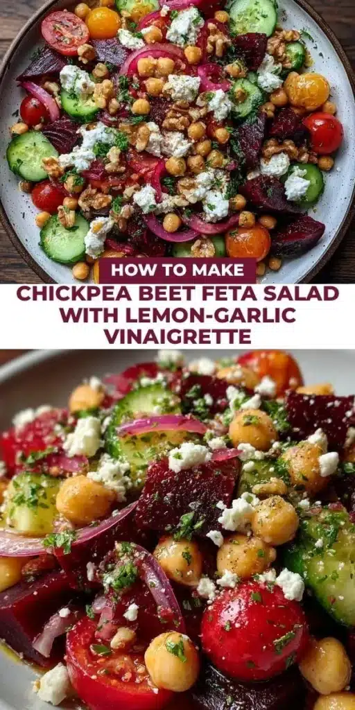 Chickpea Beet Feta Salad with Lemon-Garlic Vinaigrette served in a bowl