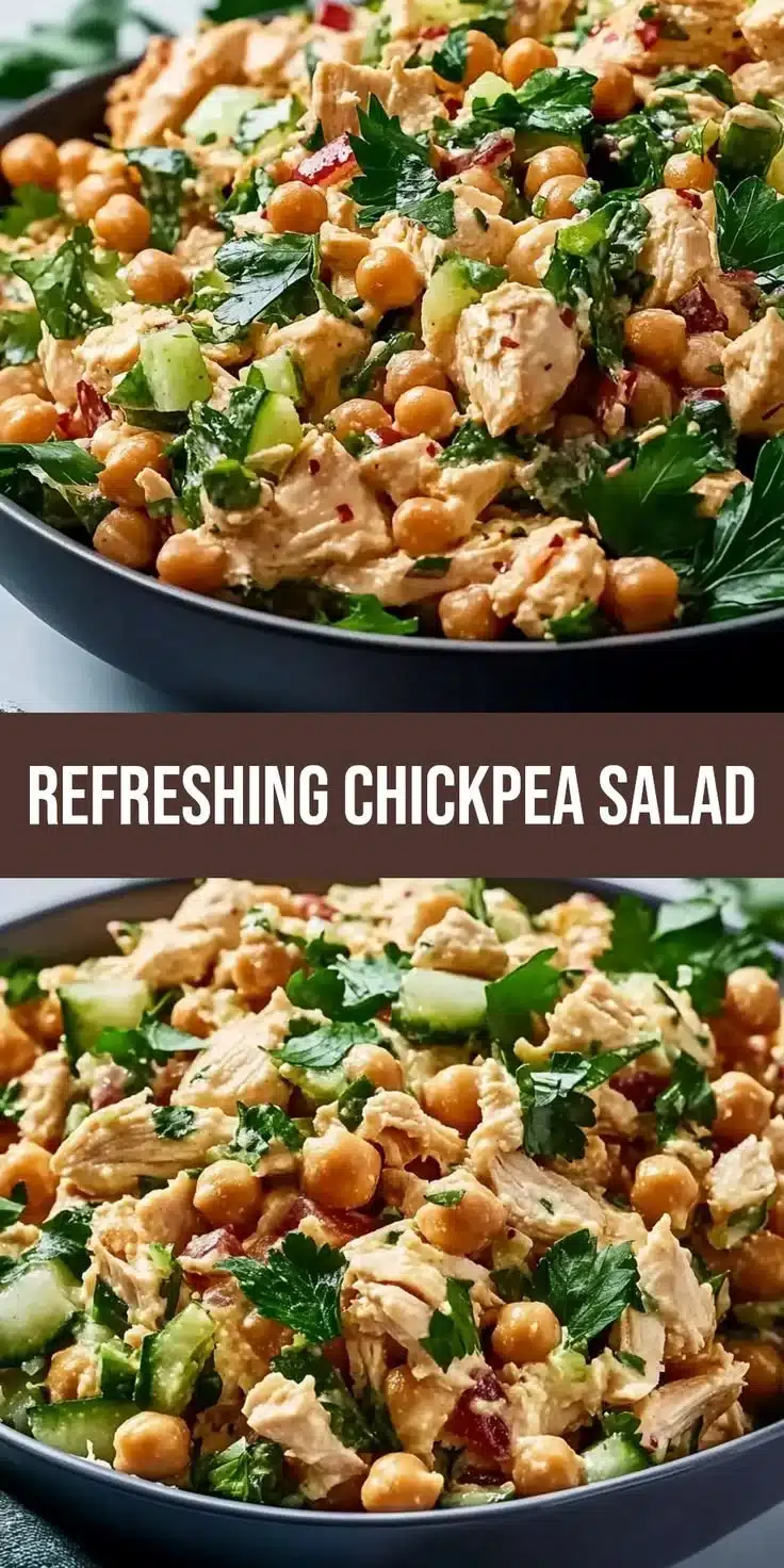 Bowl of chickpea chicken salad with fresh vegetables and a lemon dressing.