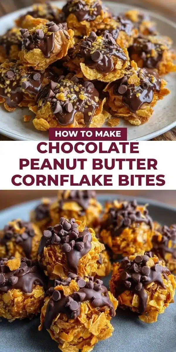 Delicious Chocolate Peanut Butter Cornflake Bites stacked on a plate