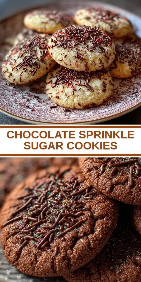 Delicious chocolate sprinkle sugar cookies with colorful sprinkles on top.