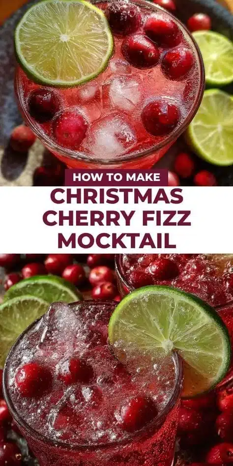 Christmas Cherry Fizz Mocktail adorned with cherries and festive decorations.