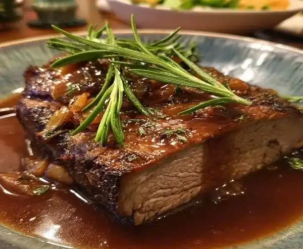 Christmas roast beef served with red wine gravy for a festive dinner