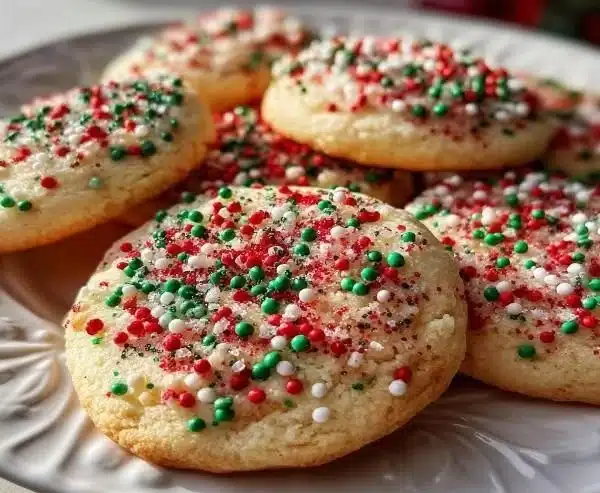 Christmas Sprinkle Sugar Cookies 2 Christmas sprinkle sugar cookies decorated with festive sprinkles