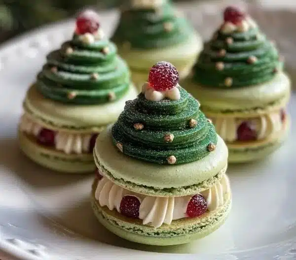 Christmas Tree Cake Macarons decorated for the holiday season