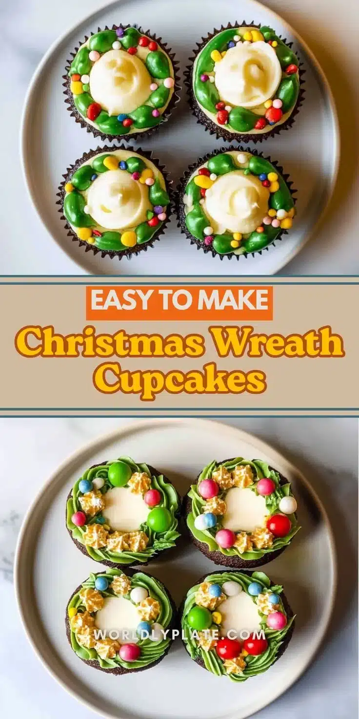 Festive Christmas Wreath Cupcakes decorated with green frosting and red candies