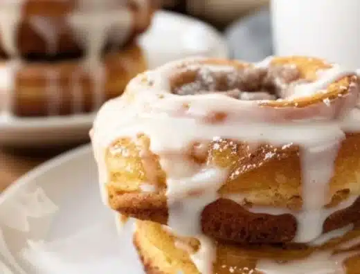 Cinnamon sugar cruffins drizzled with vanilla glaze on a rustic wood table.