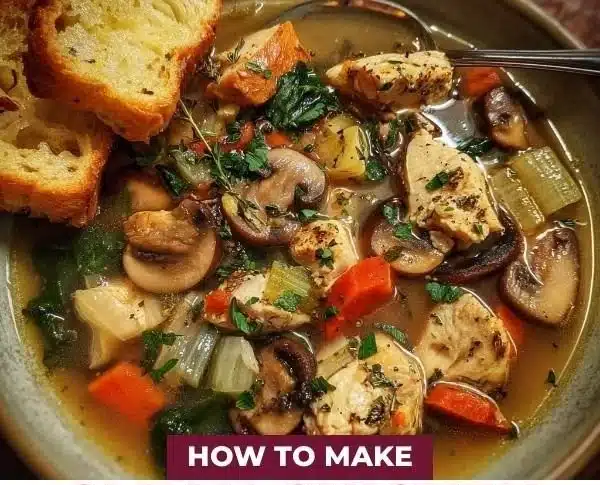 Bowl of clean chicken mushroom soup topped with fresh herbs