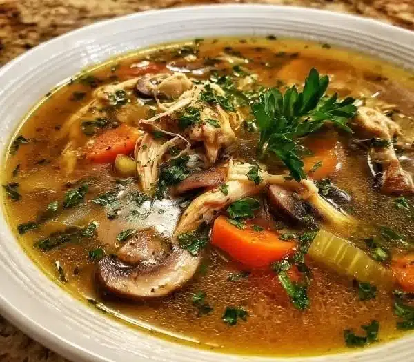 Bowl of Clean Chicken Mushroom Soup garnished with fresh herbs