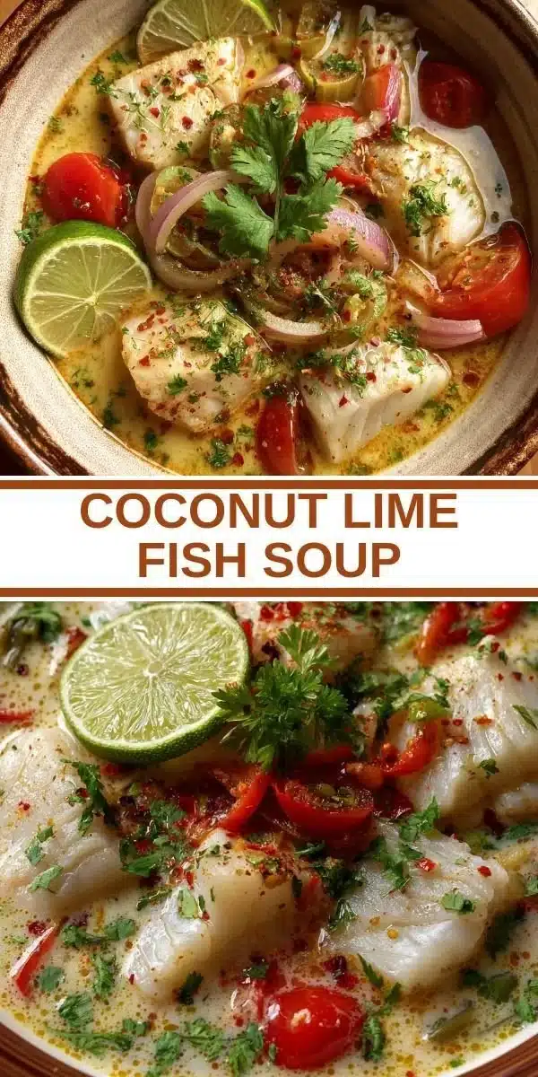 Delicious Coconut Lime Fish Soup with fresh herbs and seafood in a bowl
