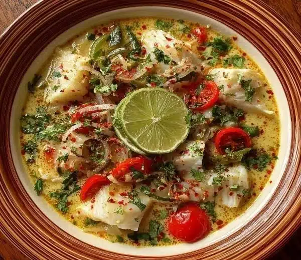 Bowl of Coconut Lime Fish Soup garnished with herbs and lime slices.
