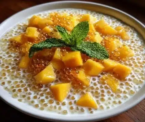 Coconut Mango Sago Dessert 6 Delicious Coconut Mango Sago dessert served in a bowl with fresh mango slices.