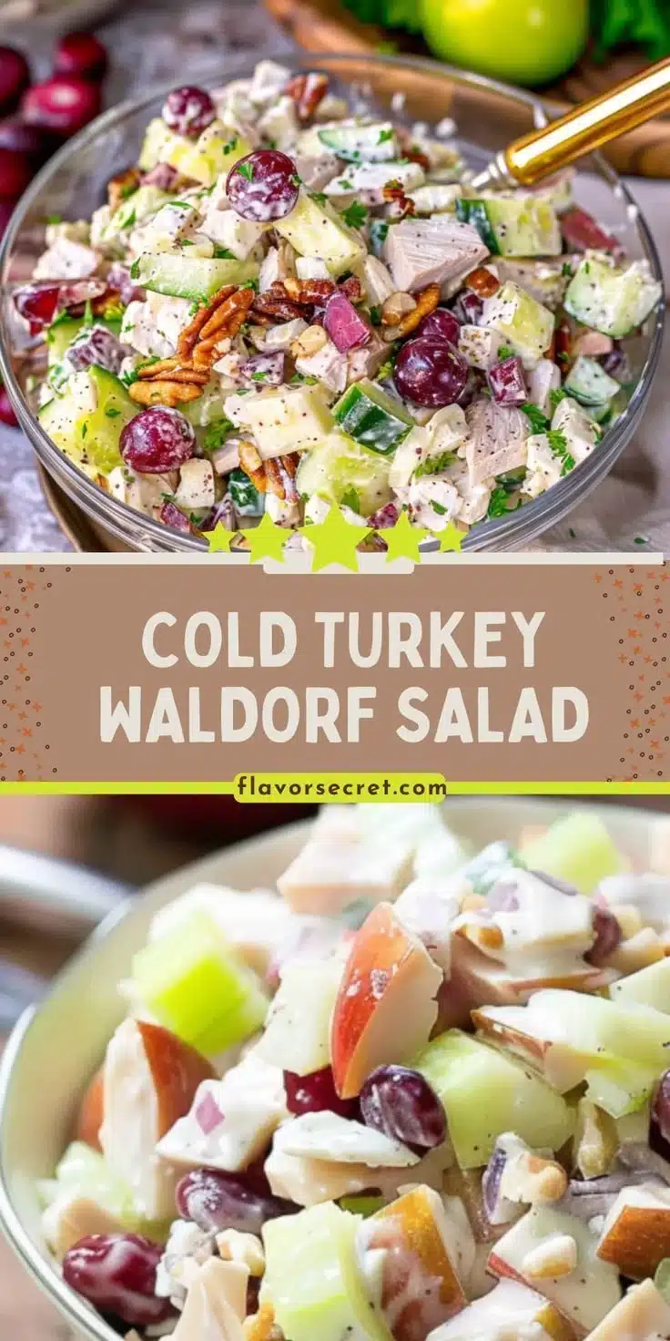 Delicious Cold Turkey Waldorf Salad with apples, grapes, celery, and walnuts.
