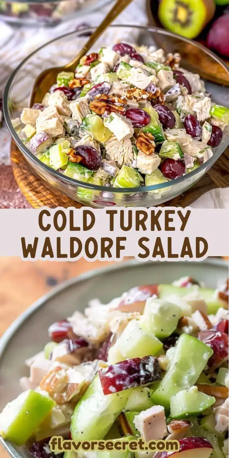 Delicious Cold Turkey Waldorf Salad with apples, walnuts, and turkey