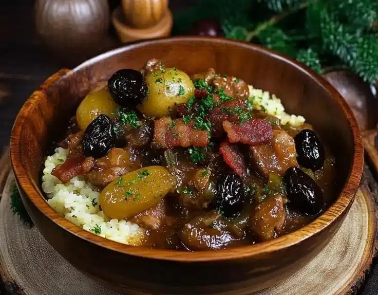 Comforting Pork Stew with Bacon, Apples, and Prunes Delight 9 Bowl of comforting pork stew with bacon, apples, and prunes garnished with herbs