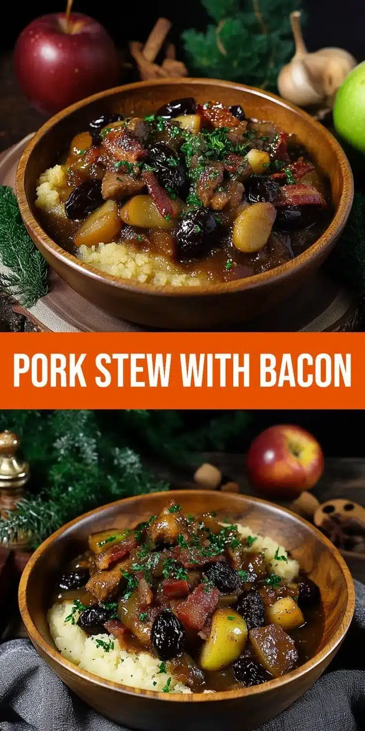 Comforting pork stew featuring bacon, apples, and prunes served in a bowl.