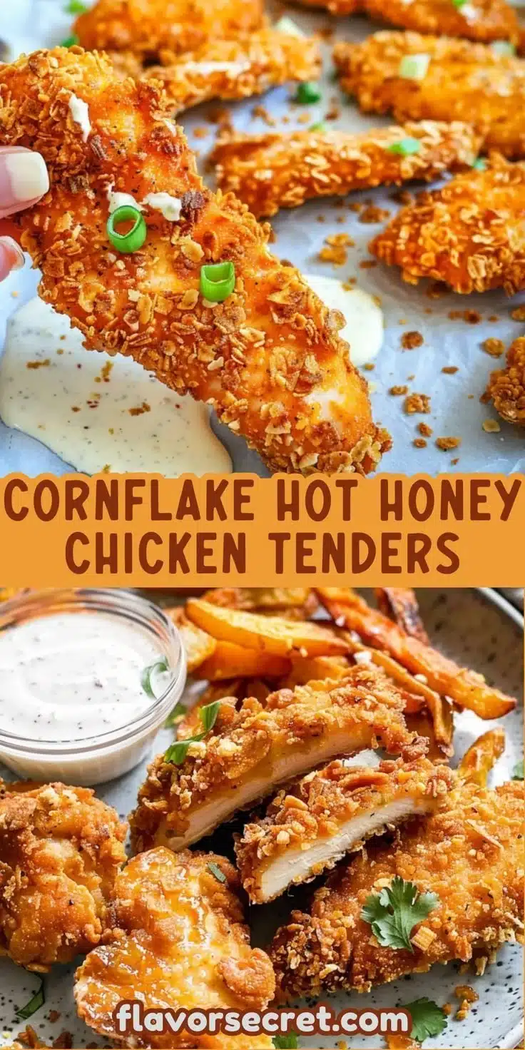 Cornflake-crusted hot honey chicken tenders served on a plate