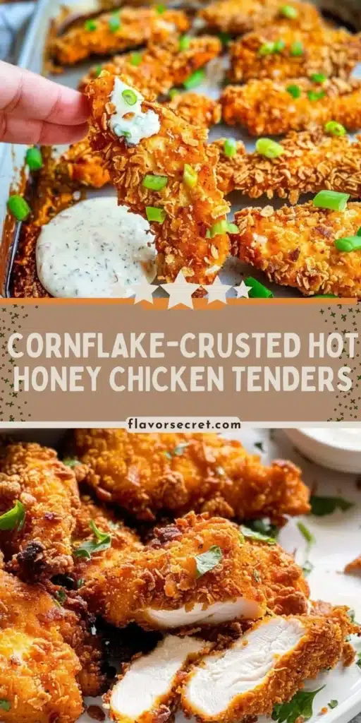Cornflake-crusted hot honey chicken tenders served on a platter.