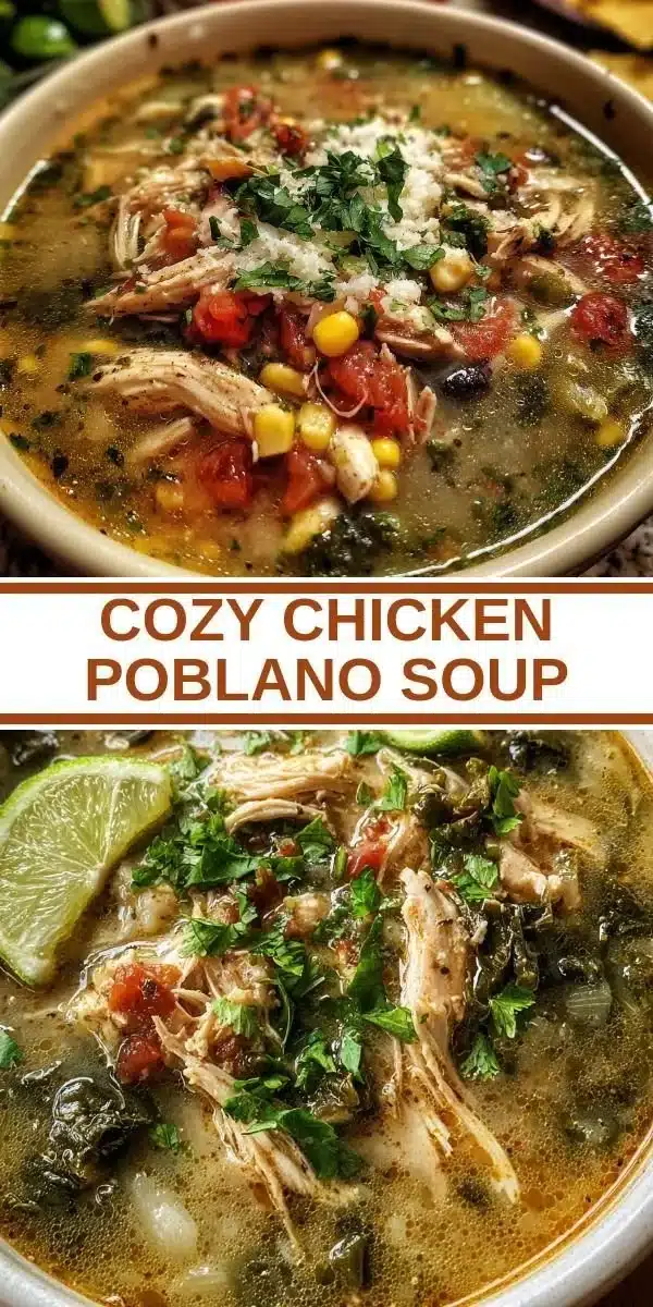 Bowl of cozy chicken poblano soup topped with fresh herbs and chili peppers