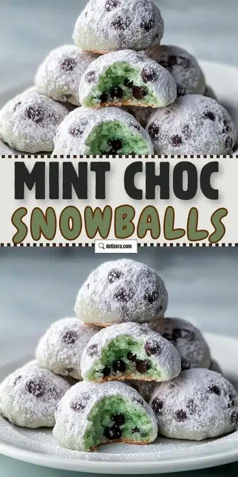 Cozy mint chocolate chip snowball cookies on a festive plate