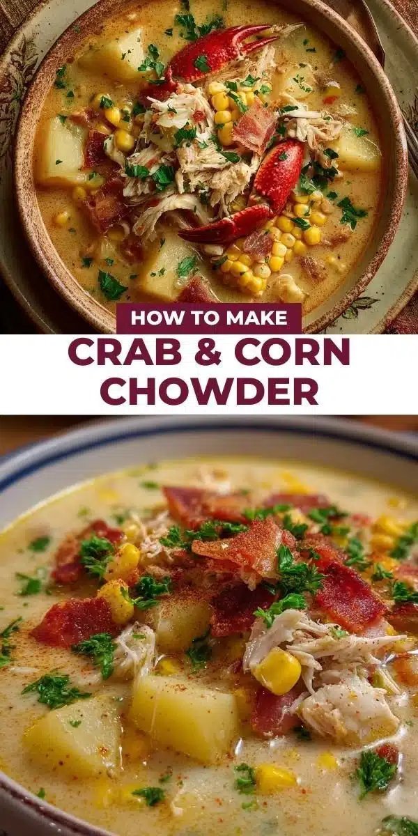 Creamy crab and corn chowder in a bowl garnished with herbs