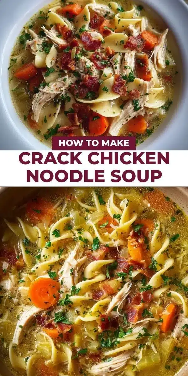 Bowl of Crack Chicken Noodle Soup with chicken pieces, noodles, and herbs