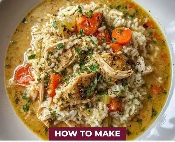 Bowl of delicious Crack Chicken & Rice Soup garnished with herbs.