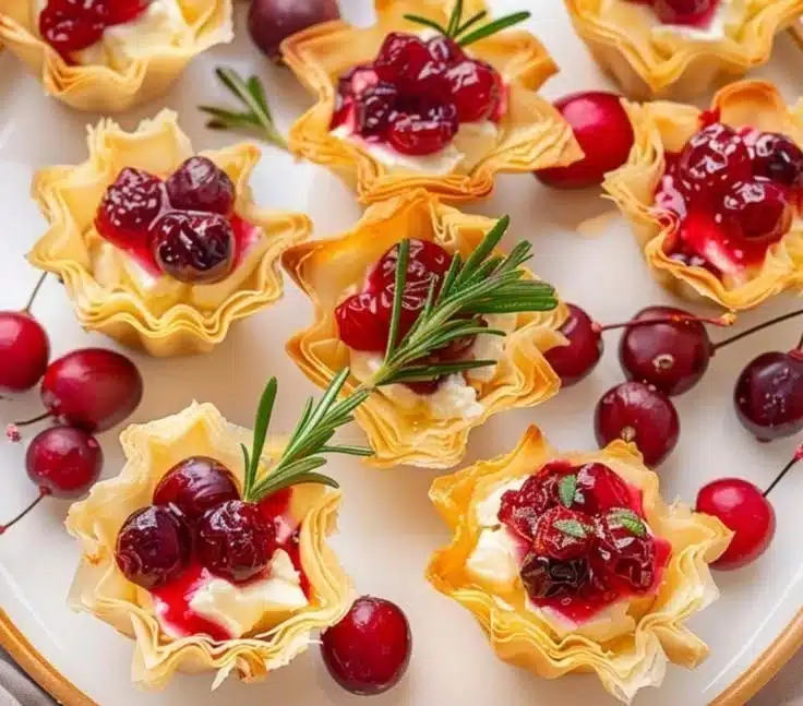 Baked cranberry brie cups served on a platter, perfect for holiday appetizers.