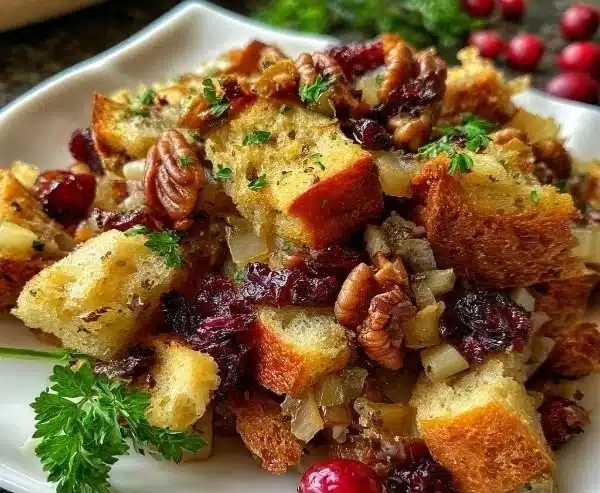 Delicious Cranberry Apple Stuffing served in a bowl for Thanksgiving dinner.