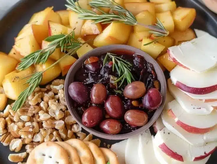Cranberry chili jam baked brie on a rustic cheese board