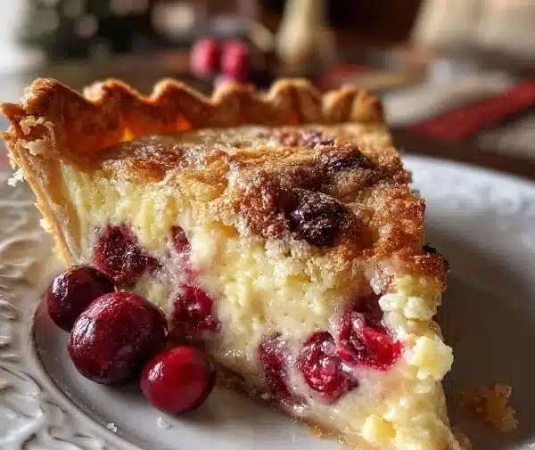 Slice of cranberry custard pie topped with fresh cranberries and whipped cream