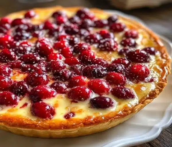 Slice of cranberry custard pie topped with whipped cream