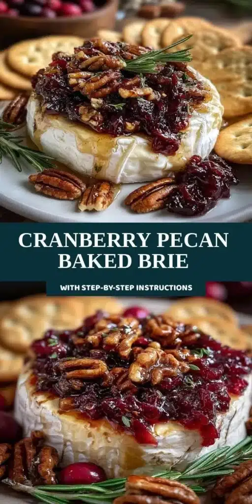 Cranberry Pecan Baked Brie appetizer topped with nuts and fruit on a serving board.