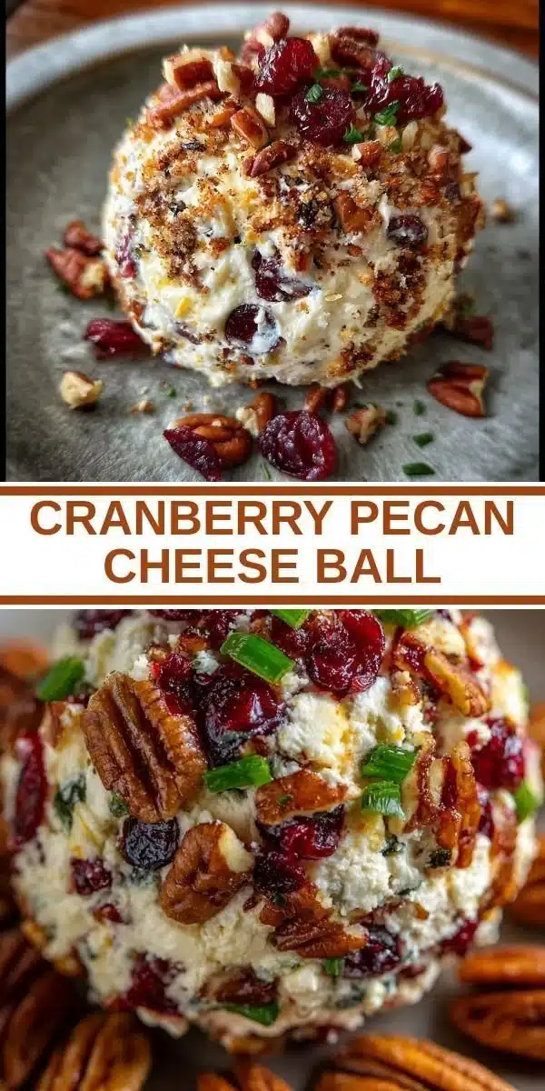 Cranberry pecan cheese ball served on a festive platter