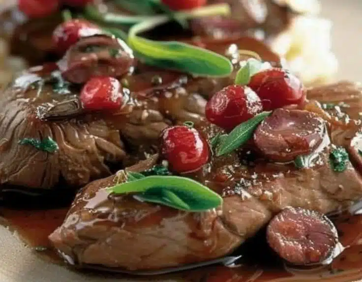Cranberry and port glazed venison plated elegantly with herbs and sides
