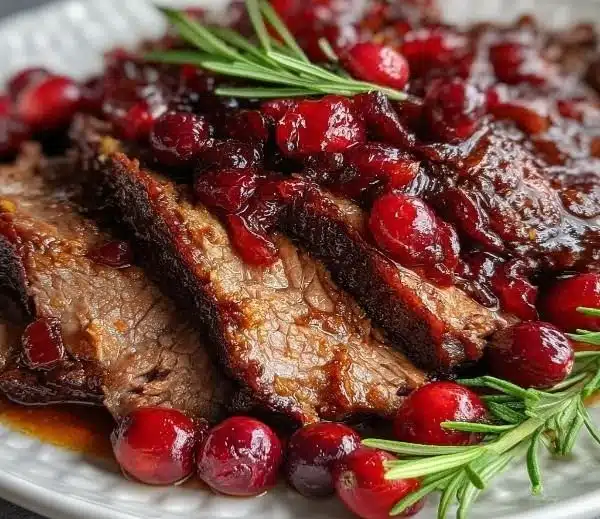 A beautifully plated cranberry roast beef with herbs and spices, garnished elegantly.