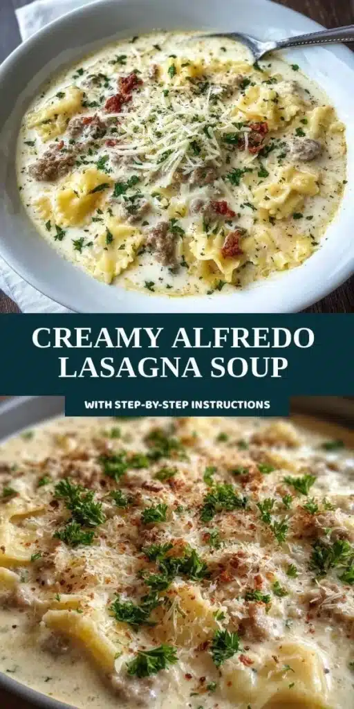 Bowl of creamy Alfredo Lasagna Soup garnished with herbs and cheese