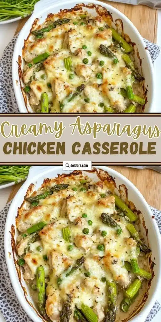 Creamy asparagus chicken casserole in a baking dish, garnished with fresh herbs.
