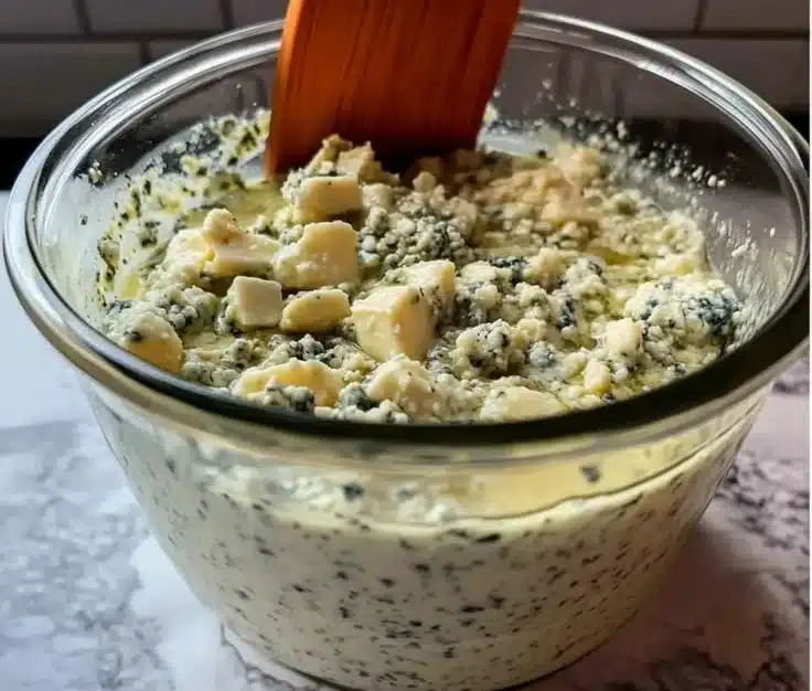 Creamy Blue Cheese Vinaigrette 4 Creamy blue cheese vinaigrette drizzled over a fresh salad