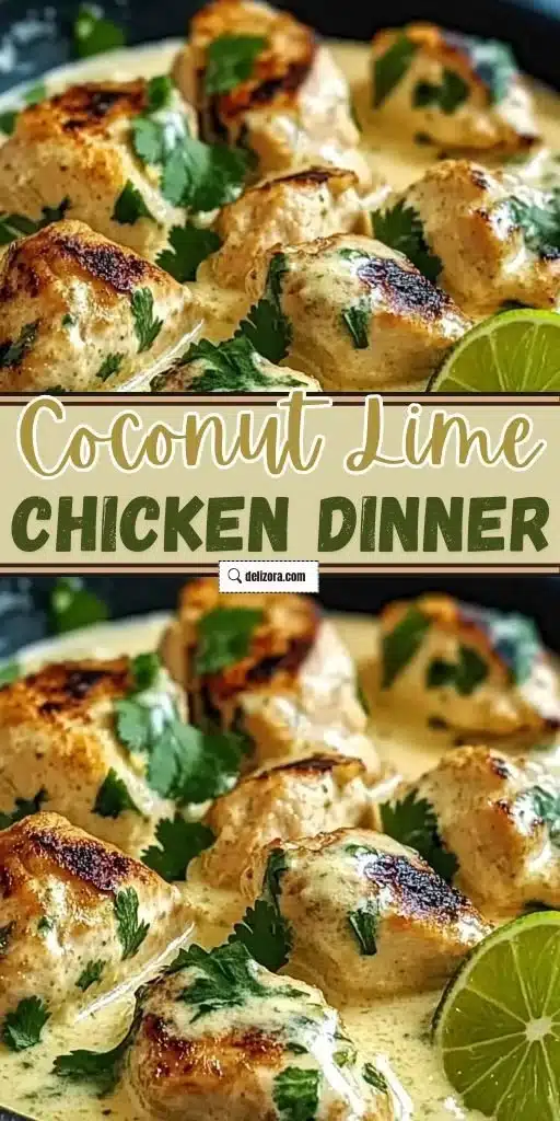 Plate of creamy coconut lime chicken garnished with lime and herbs