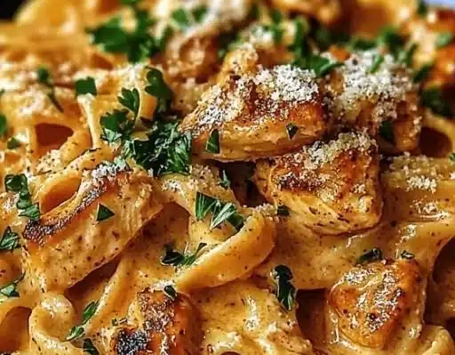 Delicious creamy cowboy butter chicken pasta served in a bowl