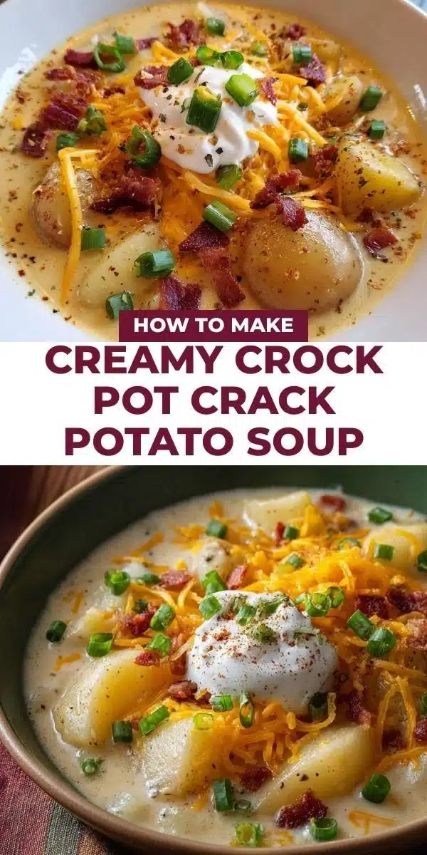 Creamy crock pot crack potato soup topped with bacon and green onions.